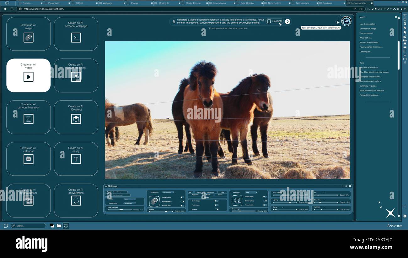 KI-Software verwandelt Textaufforderungen in ein Video von Pferden in der Landschaft. Text-to-Video-Generator für künstliche Intelligenz, der Wörter in einen Clip einer umzäunten Tierfarm verwandelt Stockfoto