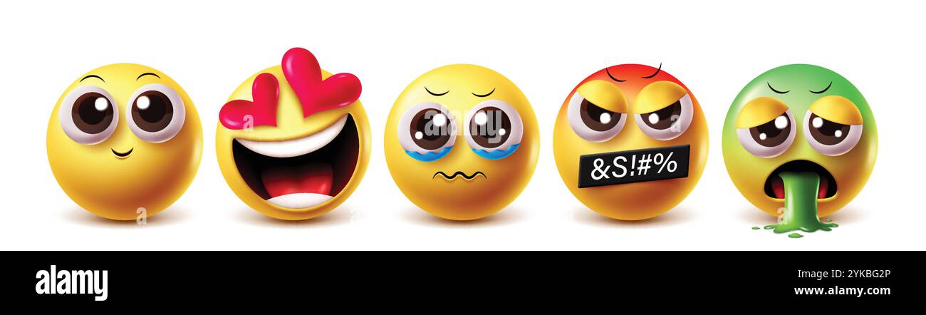 Erbrochener Emoji-Vektor-Zeichensatz. Niedliches Lächeln, verliebt, weinend, wütend und Erbrechen Clipart Emojis auf weißem Hintergrund. Vektordarstellung unwohl Stock Vektor