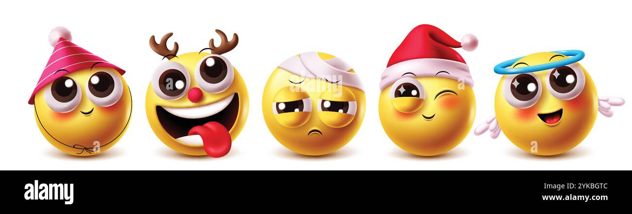 Rentier-Emoji-Vektor-Zeichensatz. Clipart Emojis santa, Geburtstagsklown, Engel und Verbandsfiguren mit niedlichen, lustigen, traurigen, zwinkernden und netten Elementen Stock Vektor