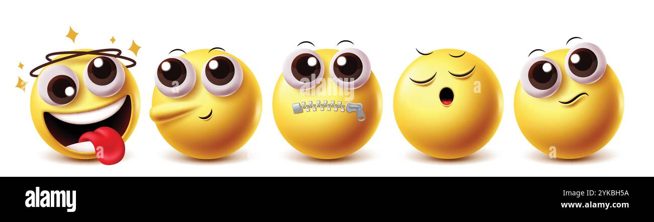 Scraoling Emoji Vector Zeichensatz. Clipart Emojis in schwindelig, pinocchio, dumm, stressig und verwirrend Gesichtsausdrücke gelbe Symbole grafische Elemente. Stock Vektor