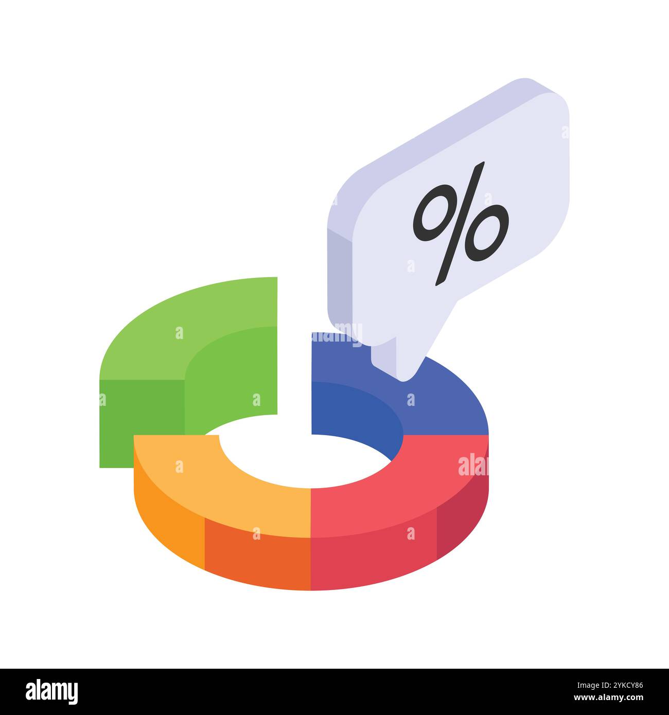 Gut gestaltetes isometrisches Tortendiagramm mit einer Sprechblase, die ein Prozentzeichen anzeigt. Stock Vektor