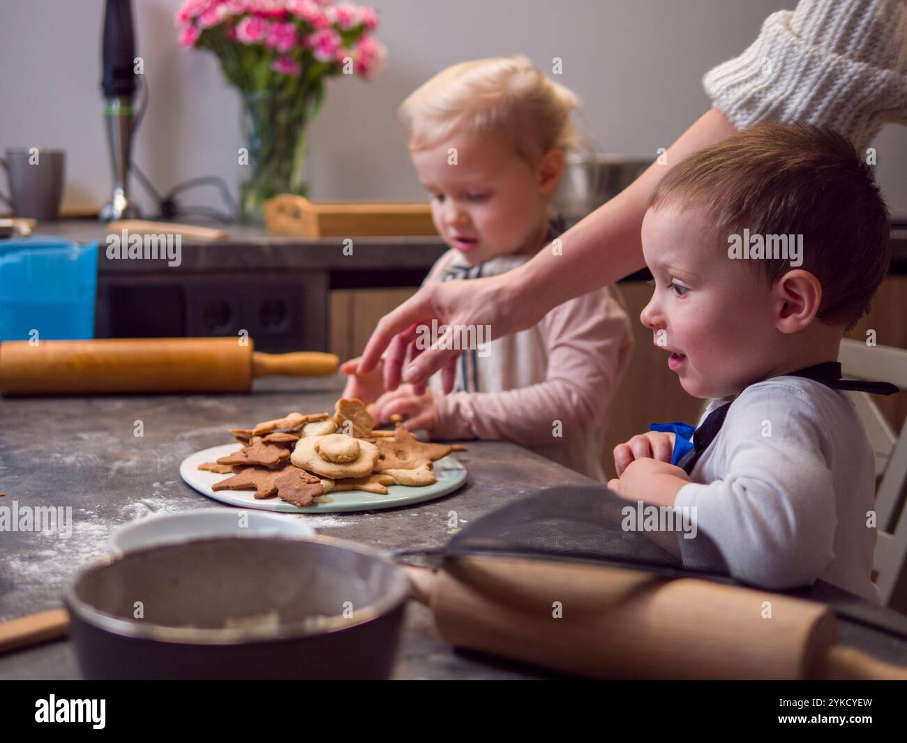 Die Familie versammelt sich in einer modernen Küche, backen und dekorieren gemeinsam weihnachtskekse, lachen und machen süße Erinnerungen. Die Freude am Schöpfen Stockfoto