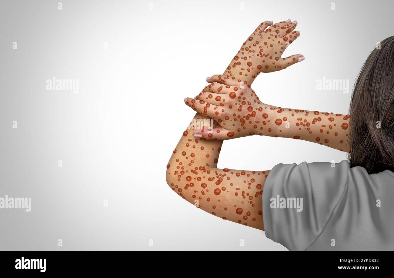Mpox oder Monkeypox Virus Ausbruch als ansteckende Infektion als Blasen und Leisons auf der Haut darstellen Übertragung einer infizierten Person. Stockfoto