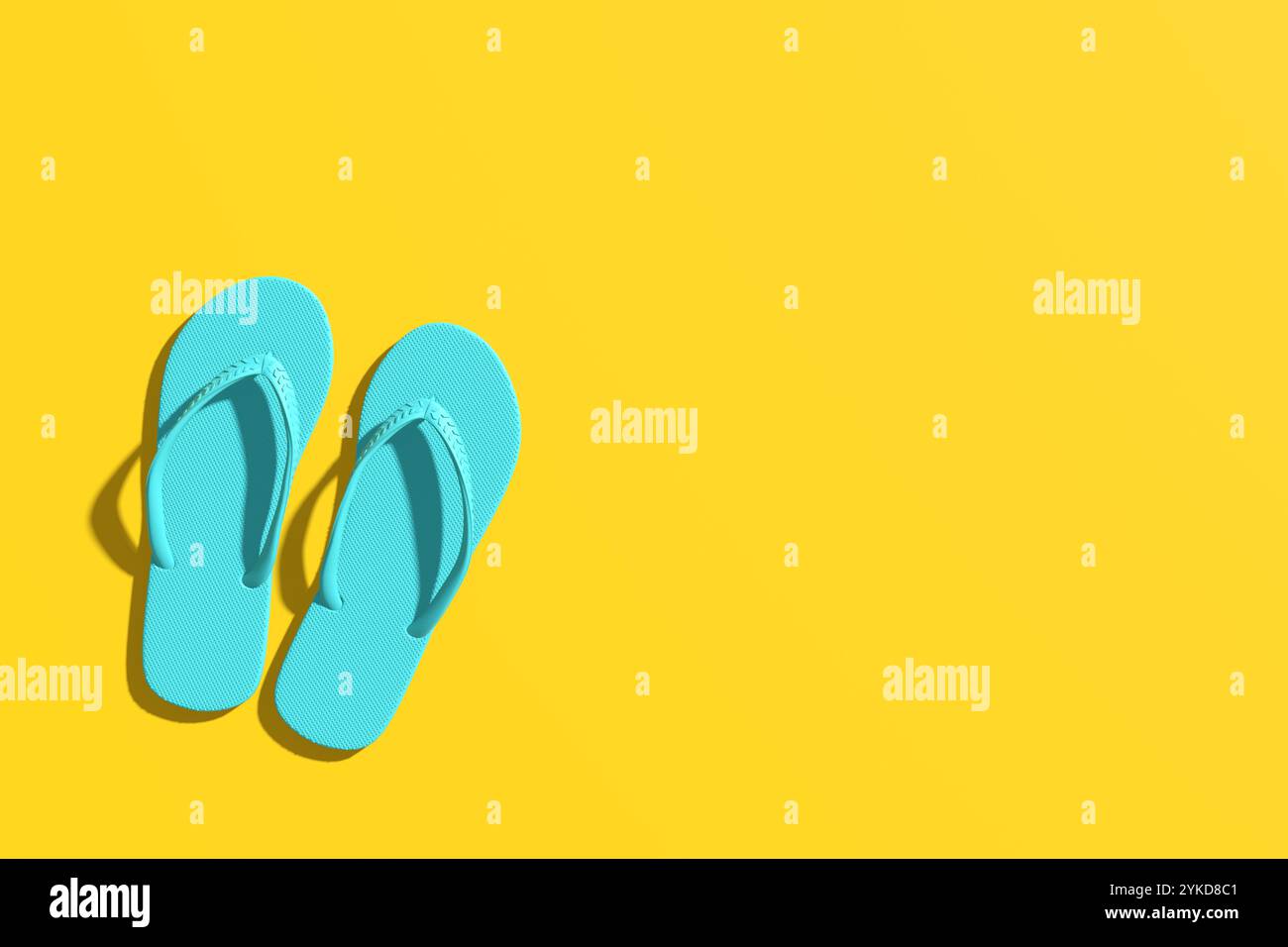 Minimalistische Komposition mit türkisfarbenen Flipflops vor gelbem Hintergrund, ideal für Sommer-, Urlaubs- und Reisethemen. 3D-Rendering Stockfoto