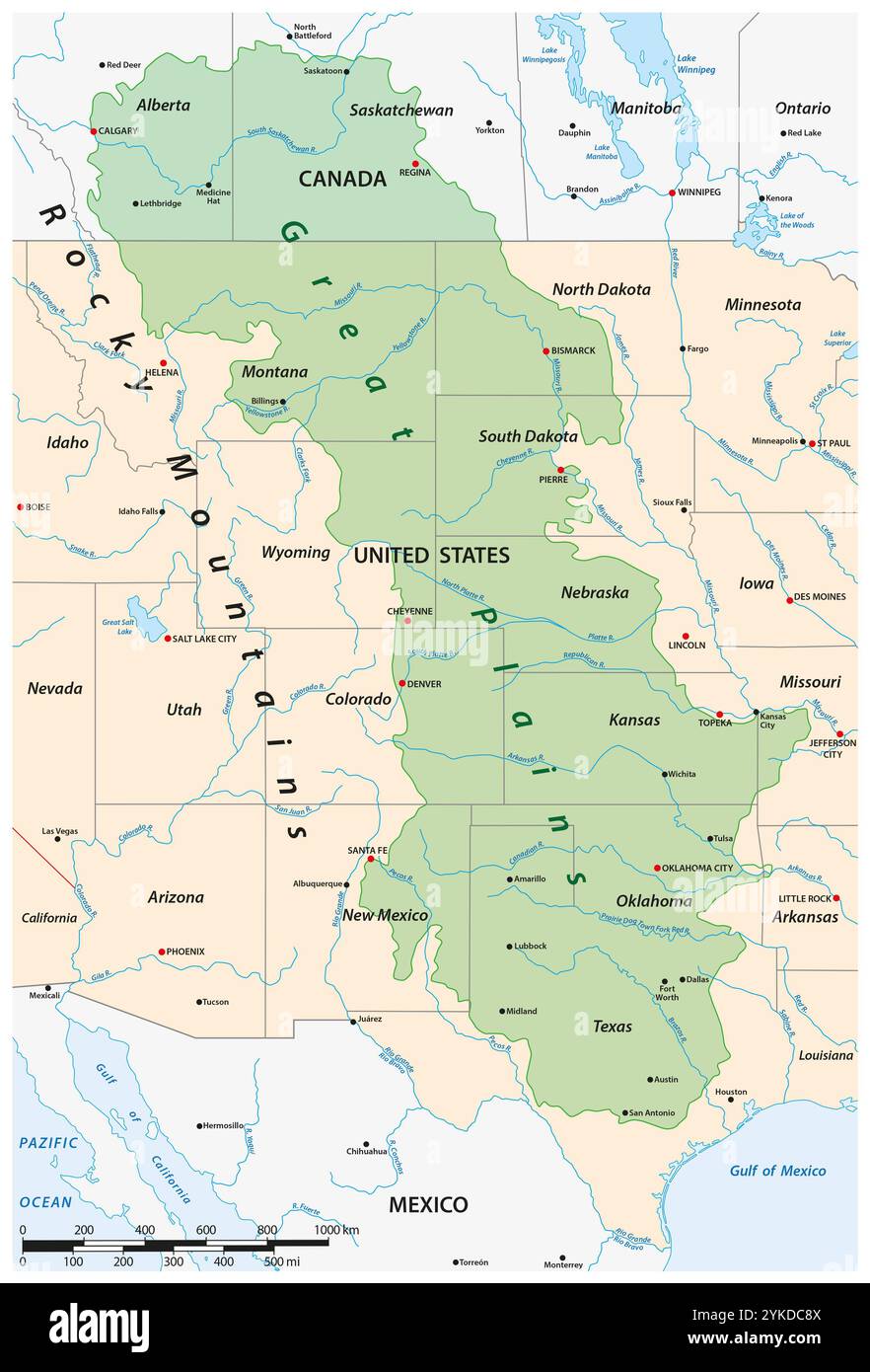 Vektorkarte der Great Plains Region in Nordamerika Stockfoto