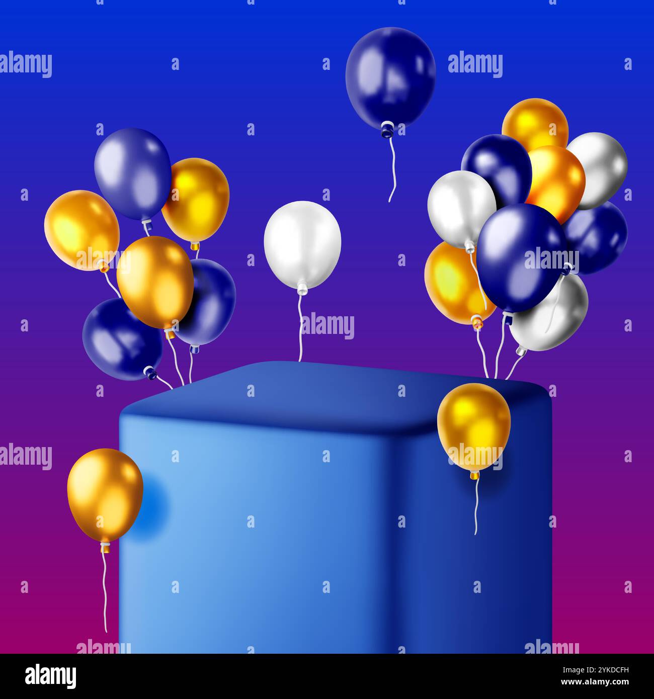 Blaues 3D-Podium mit metallischen Ballons. Stock Vektor