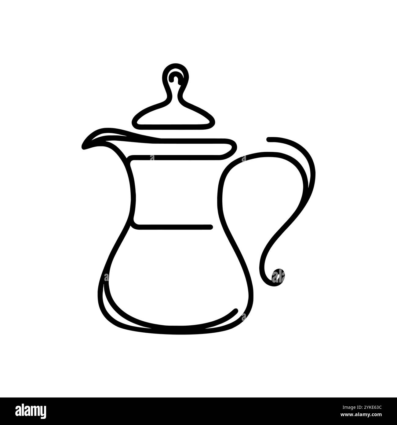 Symbol für lineare Kaffeekanne. Schwarz-weiß-Bild einer handgezeichneten traditionellen arabischen Dallah-Kaffeekanne. Vektorabbildung Stock Vektor