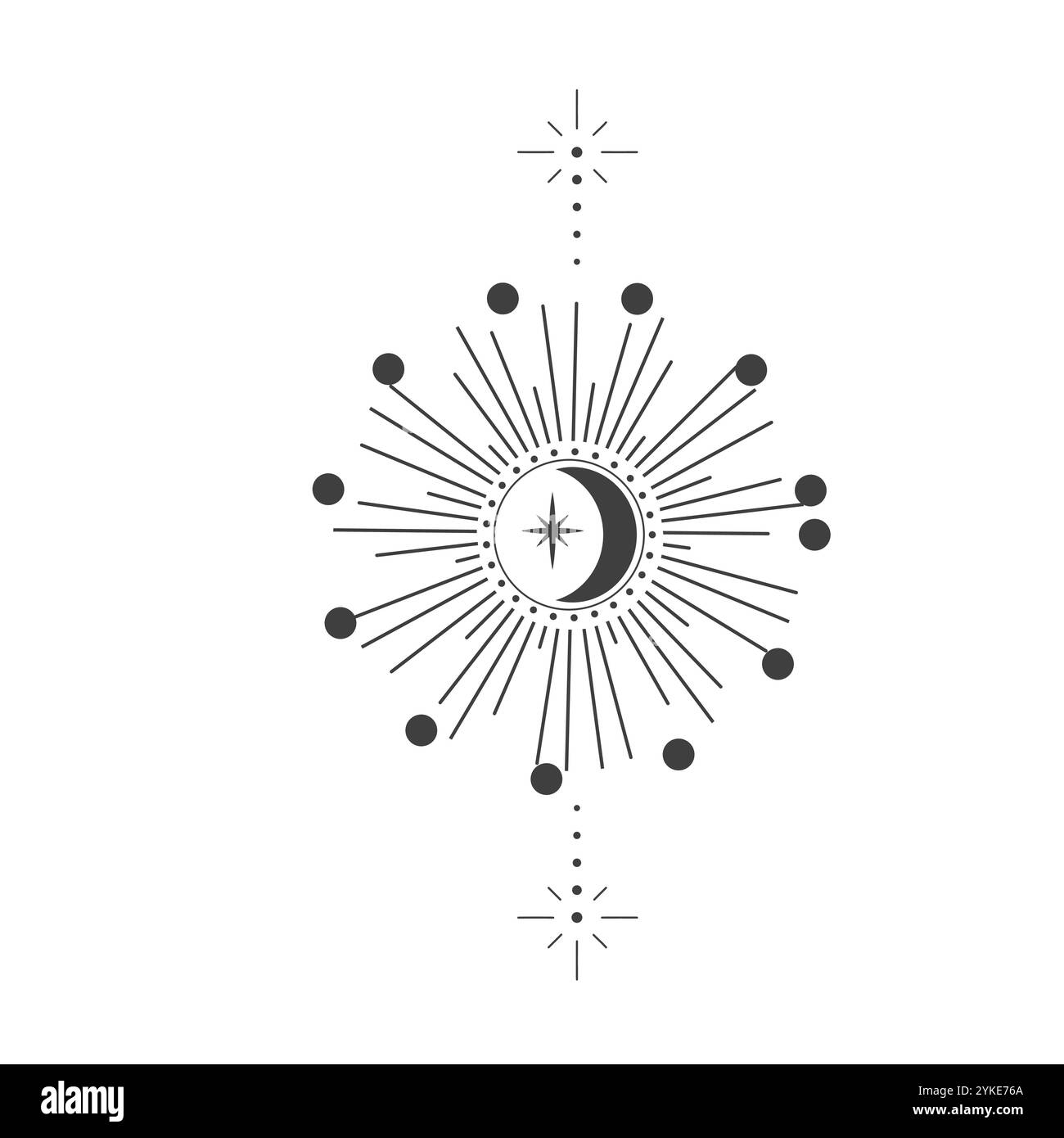 Alchemistische esoterische mystische Magie Sonne Tätowierung Grenzdekoration Linie Himmelselement, esoterische Astrologie Mystery Ornament mit Mond, Stern isoliert auf dunklem Hintergrund. Vektorabbildung Stock Vektor