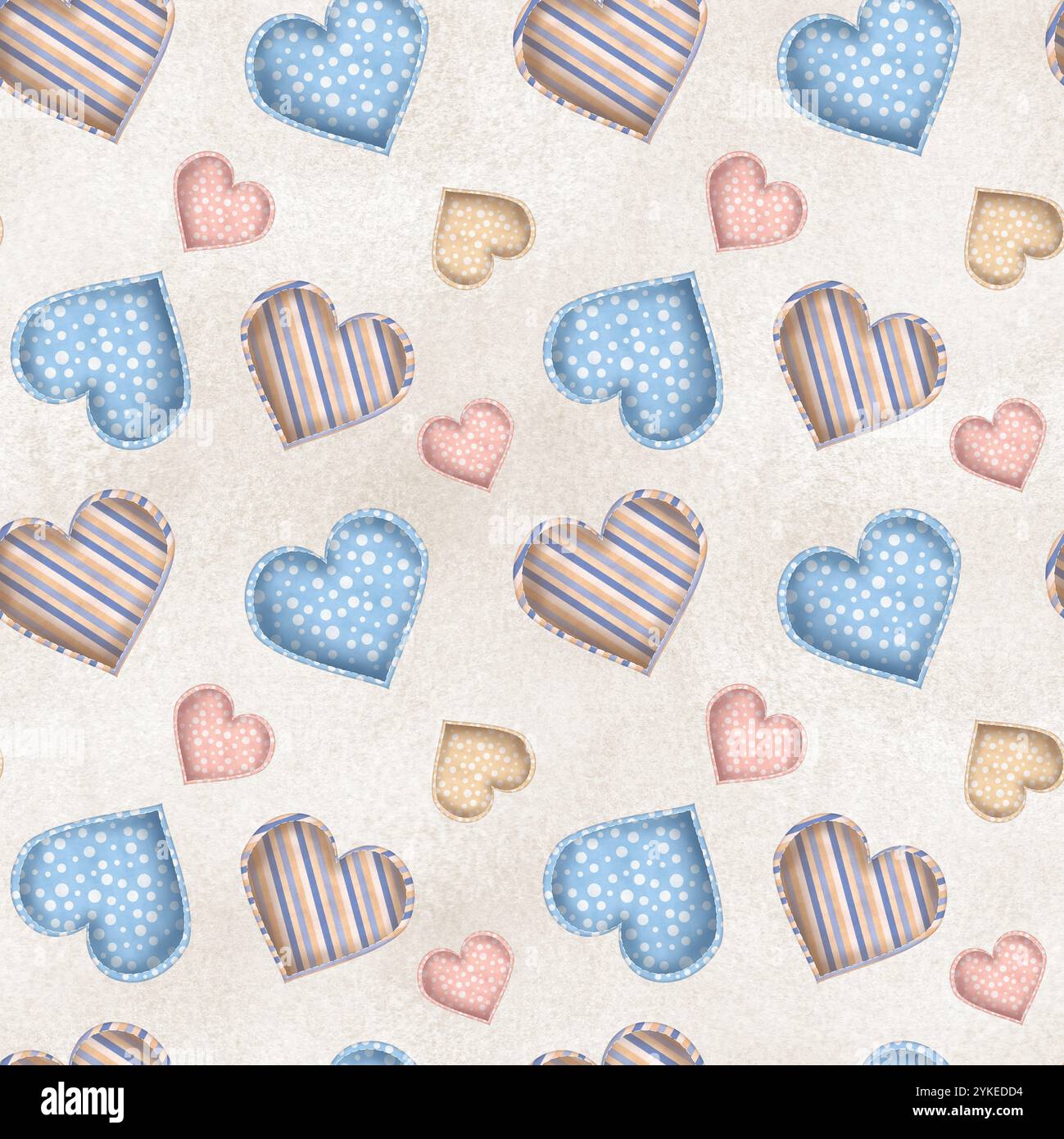 Nahtloses Muster mit Textilherzen auf hellbeigem Aquarellhintergrund. Clipart wird vernäht. Handgezeichnete Aquarellillustration. Stockfoto