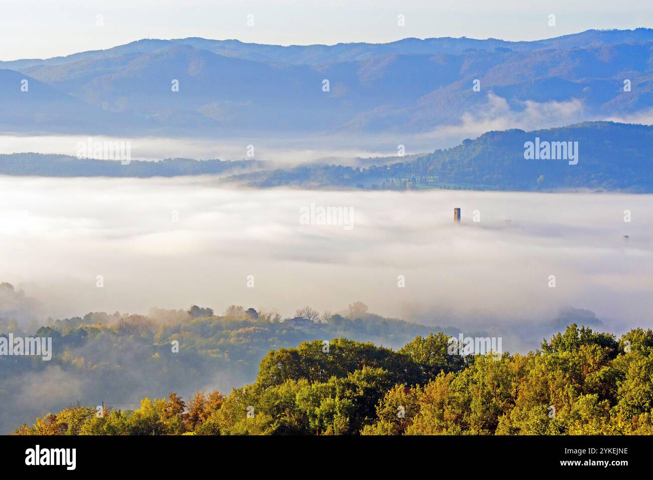 Herbstlandschaft im Casentino-Tal steht der Turm der Burg Poppi (Burg von Conti Guidi) im Nebel, Toskana, Italien Stockfoto