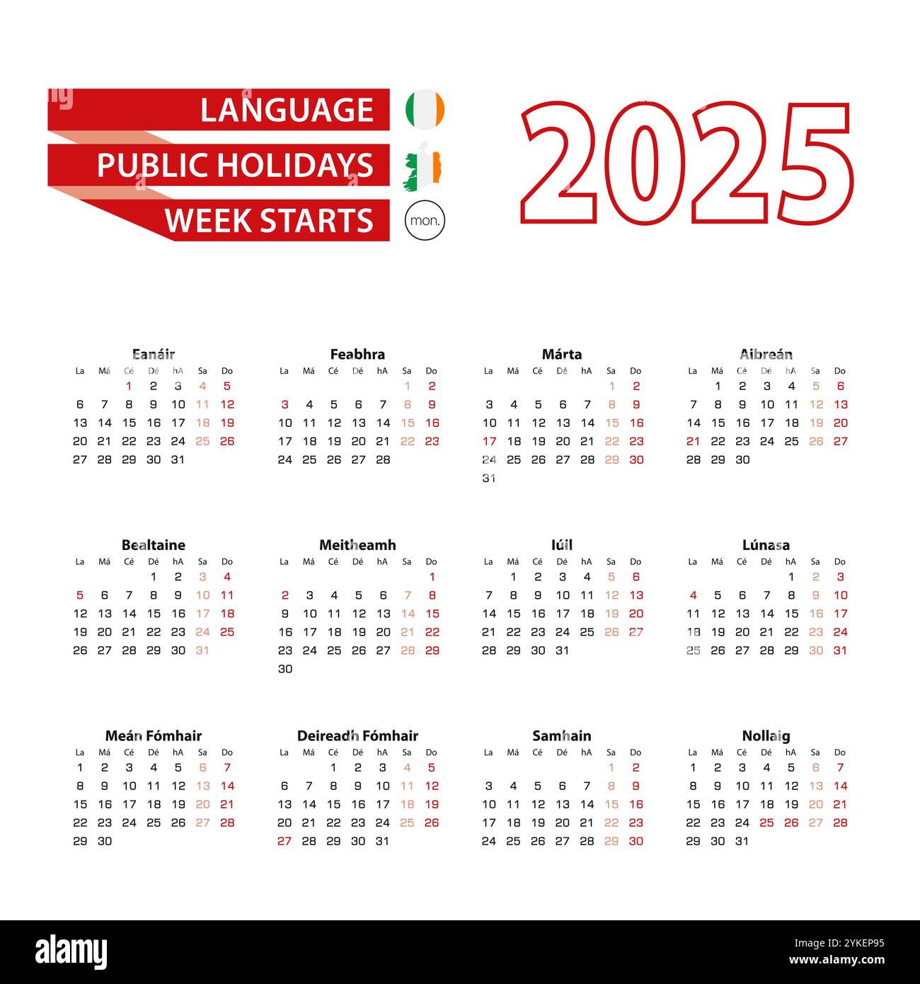 Kalender 2025 in irischer Sprache mit Feiertagen das Land Irland im Jahr 2025. Die Woche beginnt am Montag. Vektorabbildung. Stock Vektor