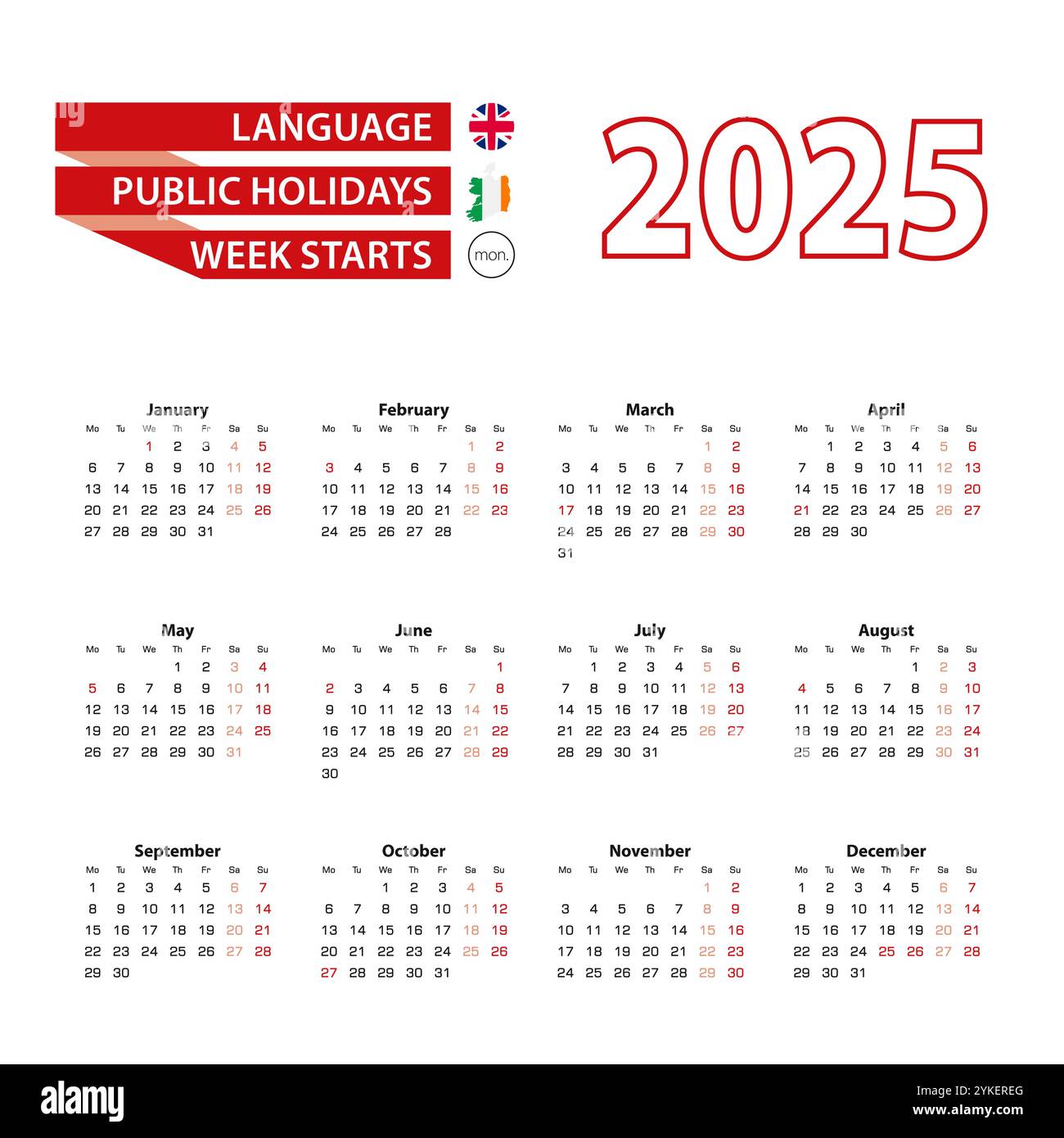Kalender 2025 in englischer Sprache mit Feiertagen das Land Irland im Jahr 2025. Die Woche beginnt am Montag. Vektorabbildung. Stock Vektor