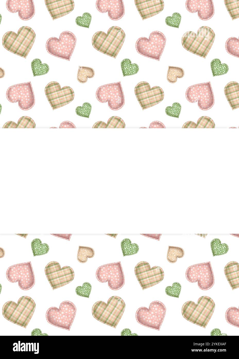 Herzförmige Inkushione aus Stoff. Grün, rosa und beige. Punktmuster und Karomuster. Fertiges Postkartendesign. Handgezeichnete Aquarellillustration. Stockfoto