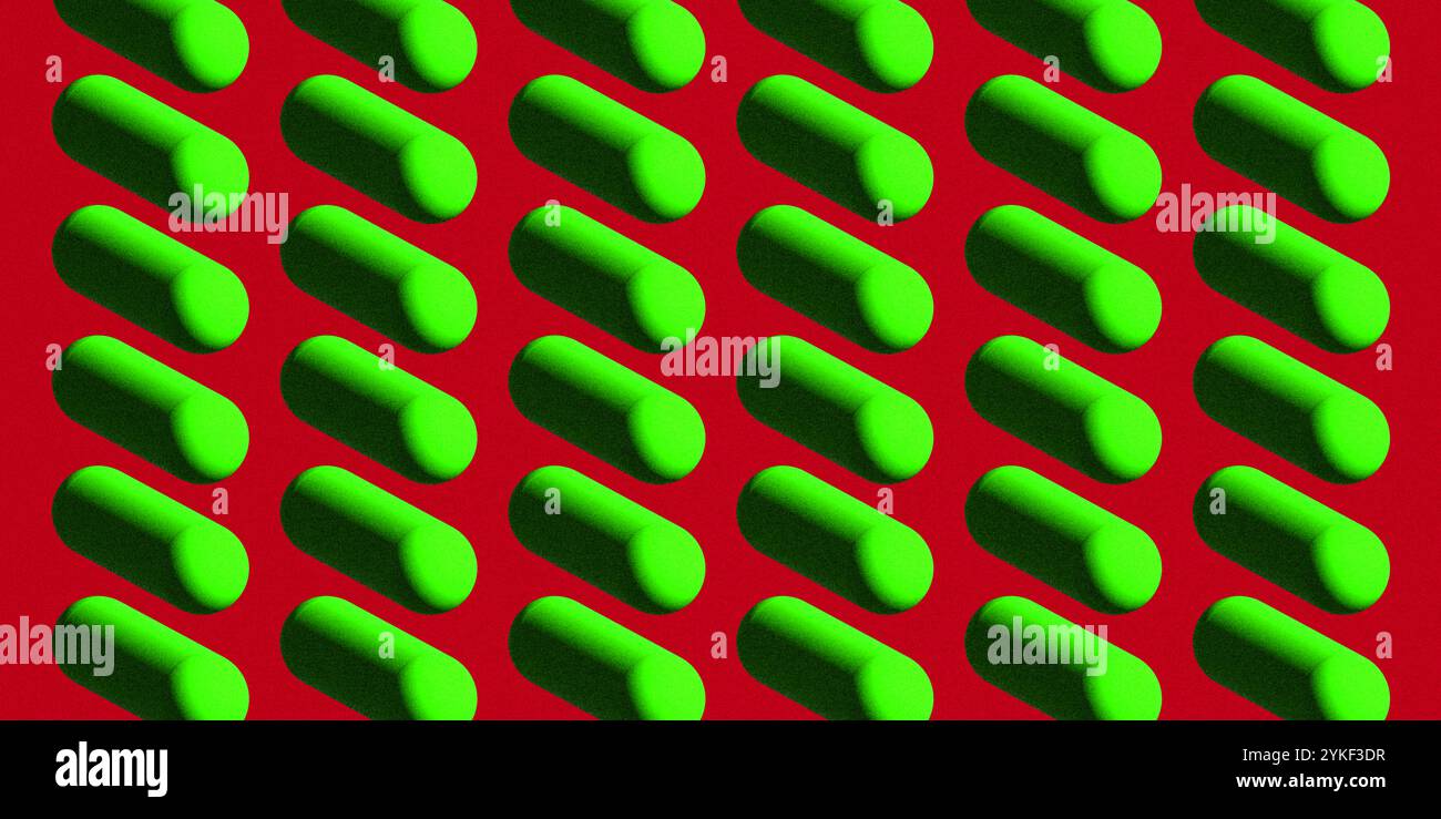 Eine auffällige 3D-Illustration mit einheitlichen grünen Kapseln auf einem lebhaften roten Hintergrund, ideal für medizinische und medizinische Themen. Stockfoto