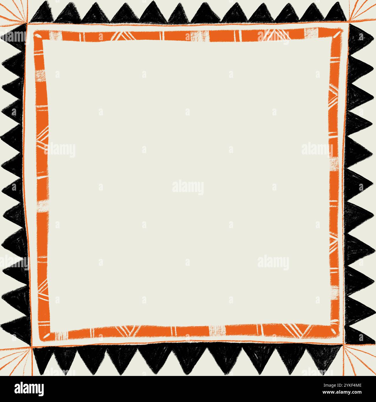 Diese Illustration zeigt ein geometrisches Stammesmuster mit leuchtenden orange und schwarzen Dreiecken, die an Wüstenstimmungen erinnern, ideal für Hintergrund, Druck oder de Stockfoto