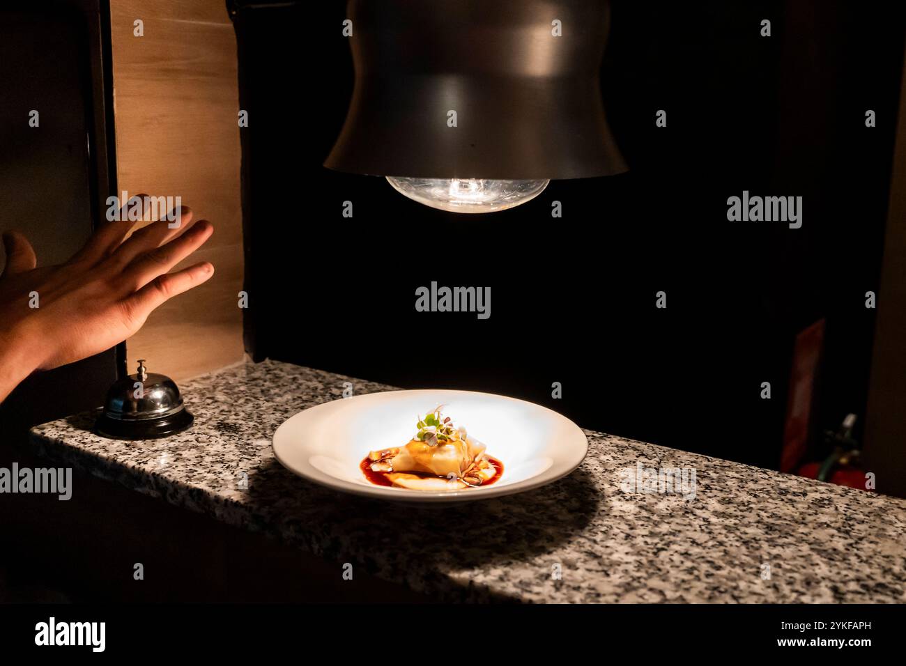 Ein wunderschön präsentiertes Gourmet-Gericht liegt auf einer Theke unter einem fokussierten Licht, was seine optische Anziehungskraft verstärkt. Eine Hand wird gesehen, die bereit ist, die Mahlzeit zu servieren, po Stockfoto