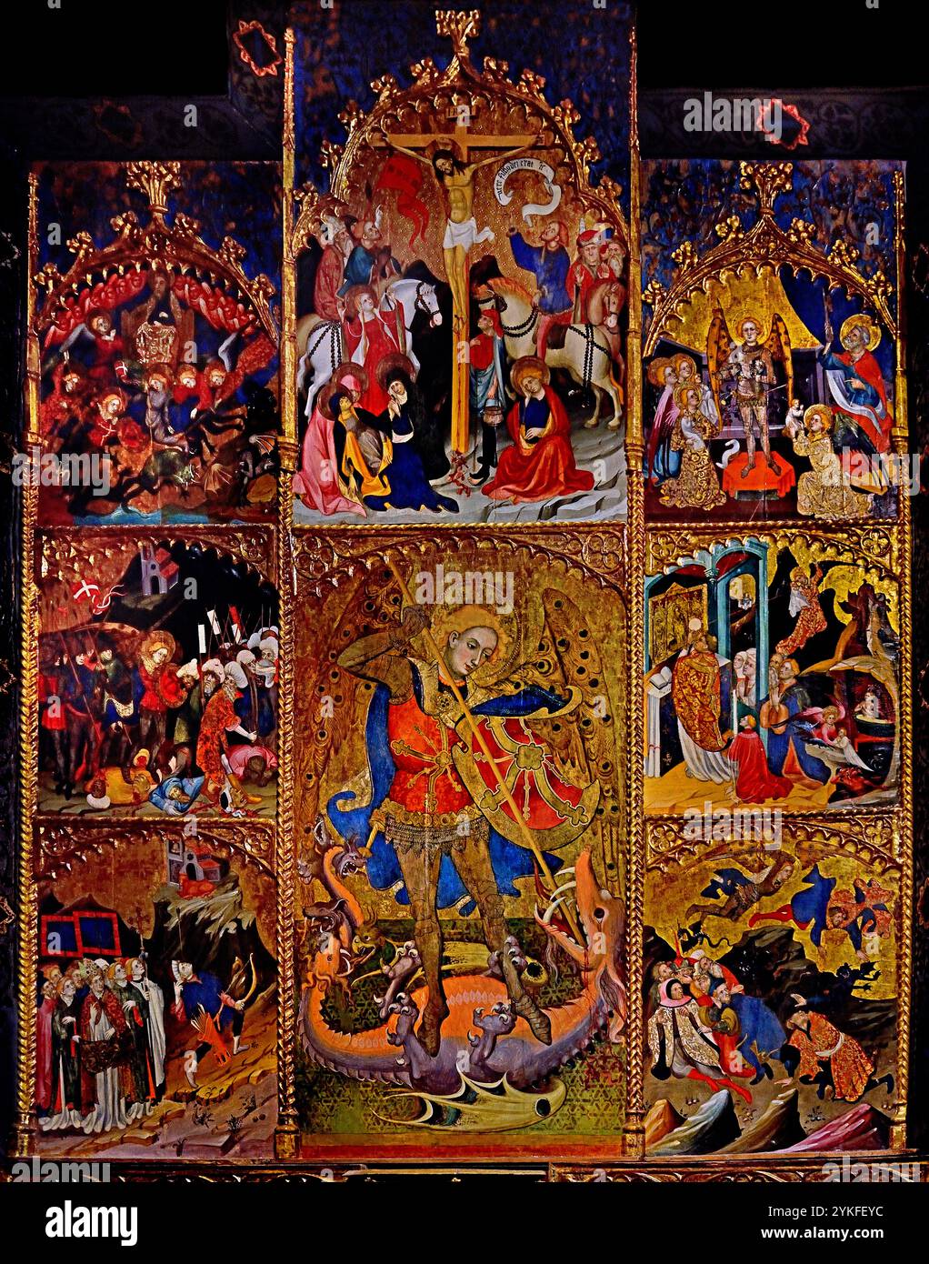 Retaule de Sant Miquel - Altar des heiligen Michael 1416 von Lluis Borrassà 1365-1425 15. Jahrhundert, Girona Fine Art Museum, Spanien, Spanisch, ( St. Michael , besiegend, Satan, Erzengel Michael stehend auf Satans Rücken, mit seinem rechten Fuß, während er einen Speer in der Hand hält, Devel, St. Michael, Erzengel, Verteidiger, der Kirche, Hauptgegner von Satan, und hilft Menschen in der Stunde des Todes, ) Stockfoto