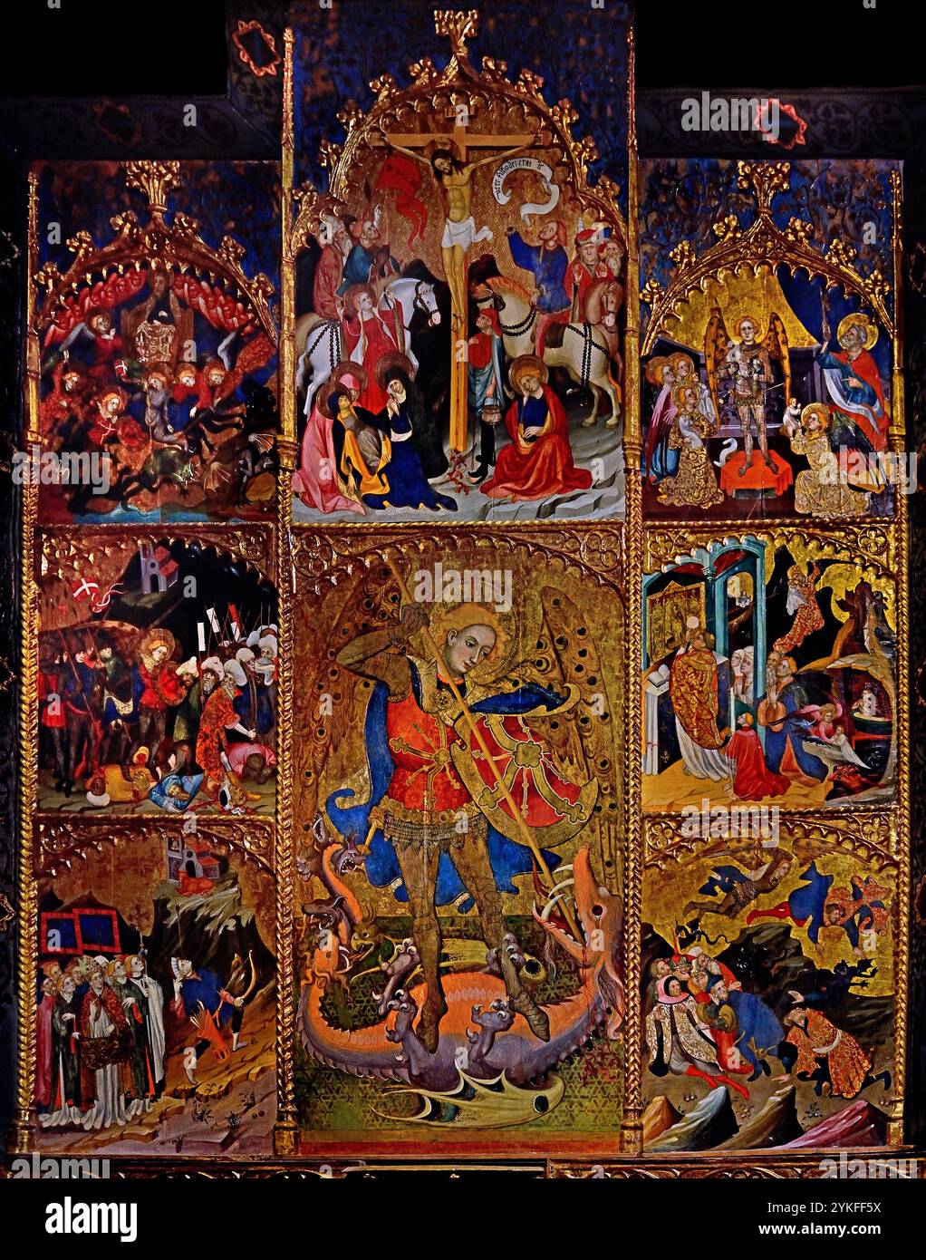 Retaule de Sant Miquel - Altar des heiligen Michael 1416 von Lluis Borrassà 1365-1425 15. Jahrhundert, Girona Fine Art Museum, Spanien, Spanisch, ( St. Michael , besiegend, Satan, Erzengel Michael stehend auf Satans Rücken, mit seinem rechten Fuß, während er einen Speer in der Hand hält, Devel, St. Michael, Erzengel, Verteidiger, der Kirche, Hauptgegner von Satan, und hilft Menschen in der Stunde des Todes, ) Stockfoto