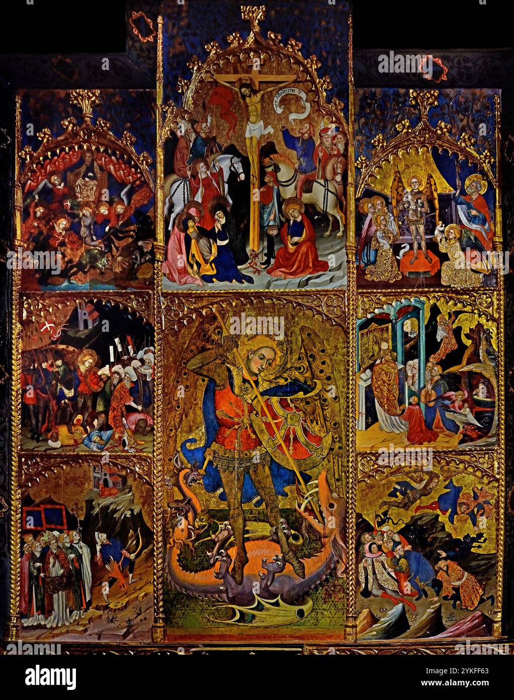 Retaule de Sant Miquel - Altar des heiligen Michael 1416 von Lluis Borrassà 1365-1425 15. Jahrhundert, Girona Fine Art Museum, Spanien, Spanisch, ( St. Michael , besiegend, Satan, Erzengel Michael stehend auf Satans Rücken, mit seinem rechten Fuß, während er einen Speer in der Hand hält, Devel, St. Michael, Erzengel, Verteidiger, der Kirche, Hauptgegner von Satan, und hilft Menschen in der Stunde des Todes, ) Stockfoto