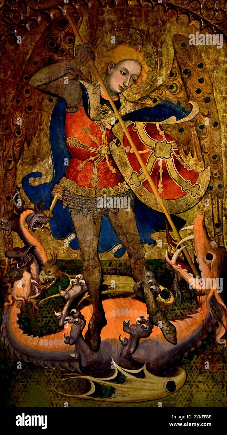 Retaule de Sant Miquel - Altar des heiligen Michael 1416 von Lluis Borrassà 1365-1425 15. Jahrhundert, Girona Fine Art Museum, Spanien, Spanisch, ( St. Michael , besiegend, Satan, Erzengel Michael stehend auf Satans Rücken, mit seinem rechten Fuß, während er einen Speer in der Hand hält, Devel, St. Michael, Erzengel, Verteidiger, der Kirche, Hauptgegner von Satan, und hilft Menschen in der Stunde des Todes, ) Stockfoto