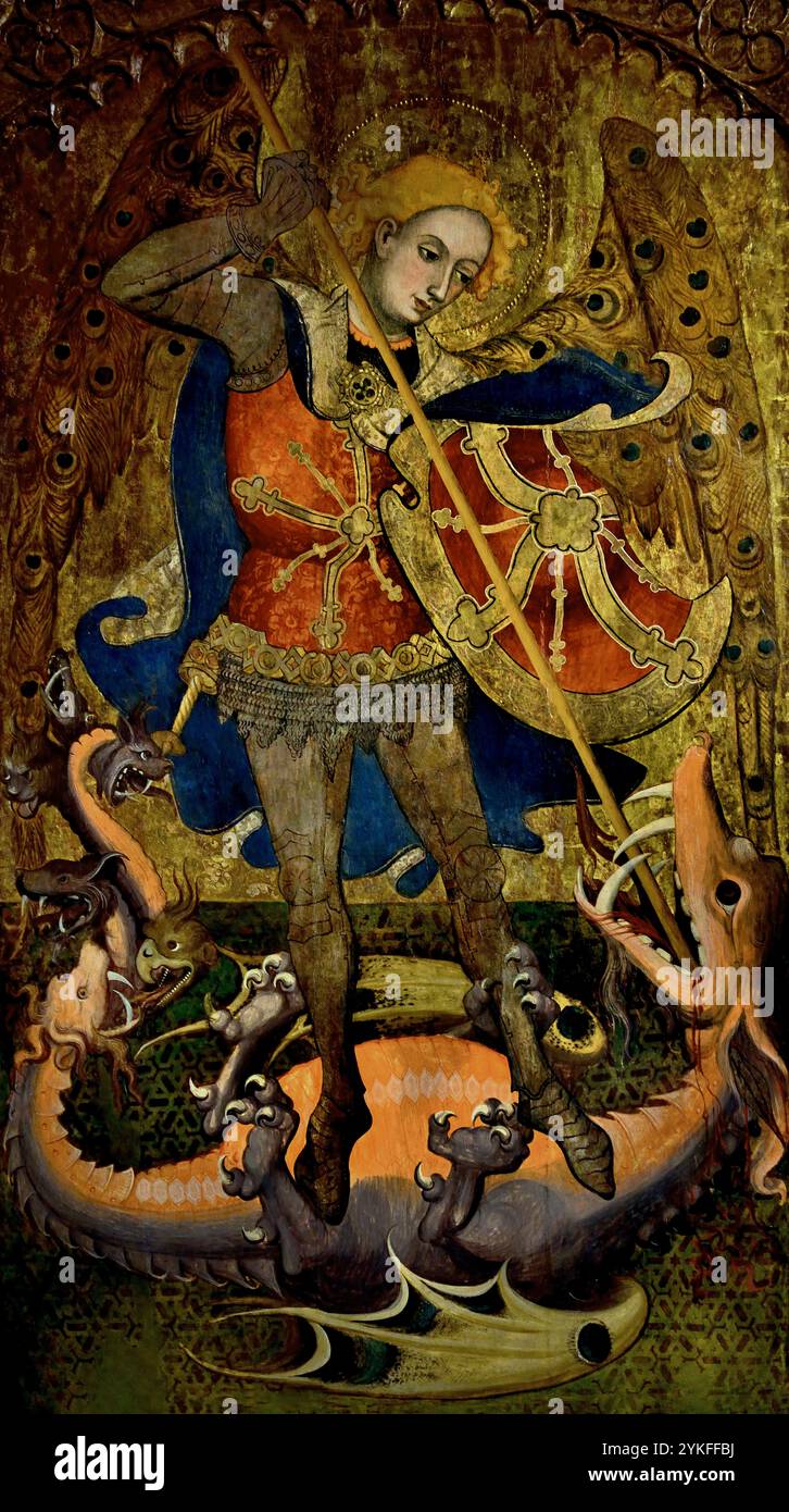 Retaule de Sant Miquel - Altar des heiligen Michael 1416 von Lluis Borrassà 1365-1425 15. Jahrhundert, Girona Fine Art Museum, Spanien, Spanisch, ( St. Michael , besiegend, Satan, Erzengel Michael stehend auf Satans Rücken, mit seinem rechten Fuß, während er einen Speer in der Hand hält, Devel, St. Michael, Erzengel, Verteidiger, der Kirche, Hauptgegner von Satan, und hilft Menschen in der Stunde des Todes, ) Stockfoto
