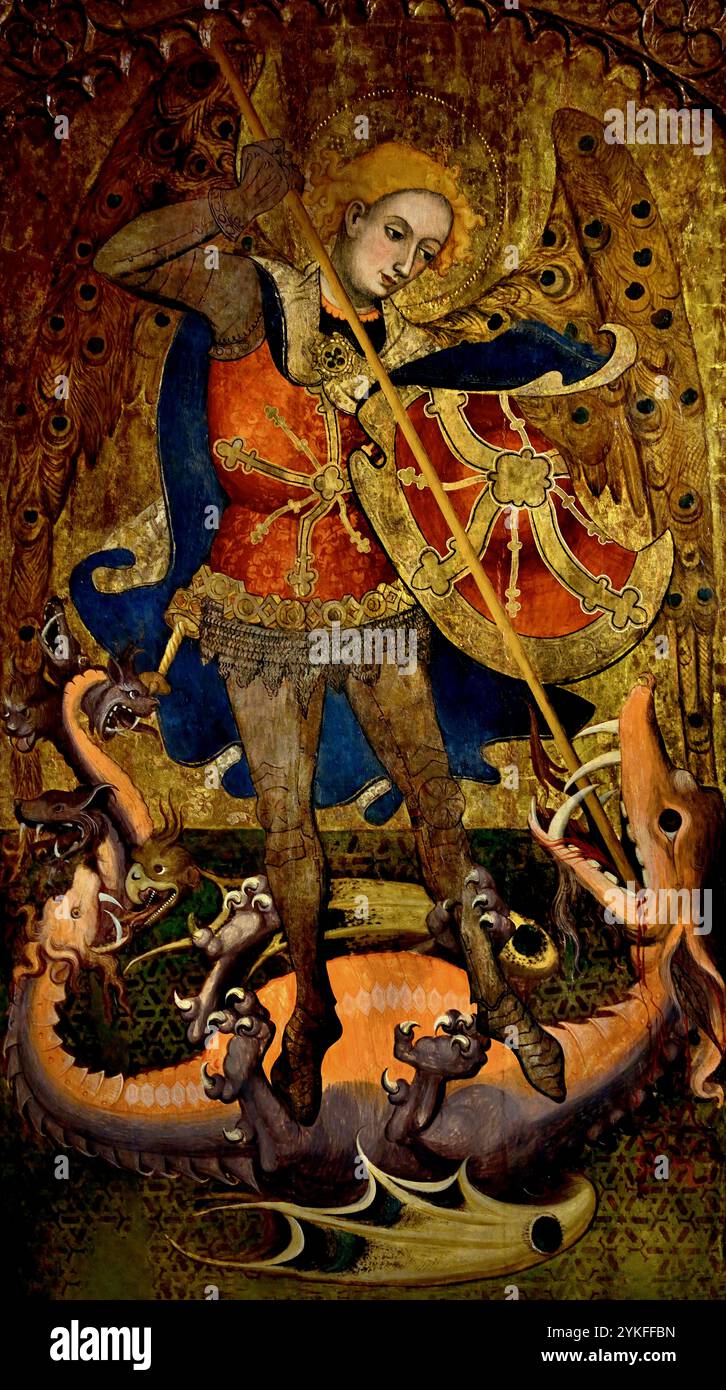 Retaule de Sant Miquel - Altar des heiligen Michael 1416 von Lluis Borrassà 1365-1425 15. Jahrhundert, Girona Fine Art Museum, Spanien, Spanisch, ( St. Michael , besiegend, Satan, Erzengel Michael stehend auf Satans Rücken, mit seinem rechten Fuß, während er einen Speer in der Hand hält, Devel, St. Michael, Erzengel, Verteidiger, der Kirche, Hauptgegner von Satan, und hilft Menschen in der Stunde des Todes, ) Stockfoto