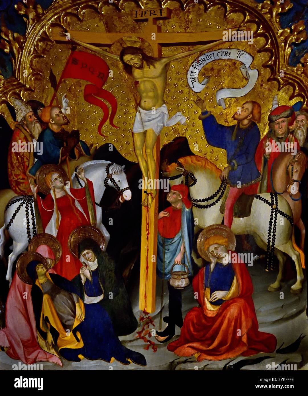 Retaule de Sant Miquel - Altar des heiligen Michael 1416 von Lluis Borrassà 1365-1425 15. Jahrhundert, Girona Fine Art Museum, Spanien, Spanisch, ( St. Michael , besiegend, Satan, Erzengel Michael stehend auf Satans Rücken, mit seinem rechten Fuß, während er einen Speer in der Hand hält, Devel, St. Michael, Erzengel, Verteidiger, der Kirche, Hauptgegner von Satan, und hilft Menschen in der Stunde des Todes, ) Stockfoto