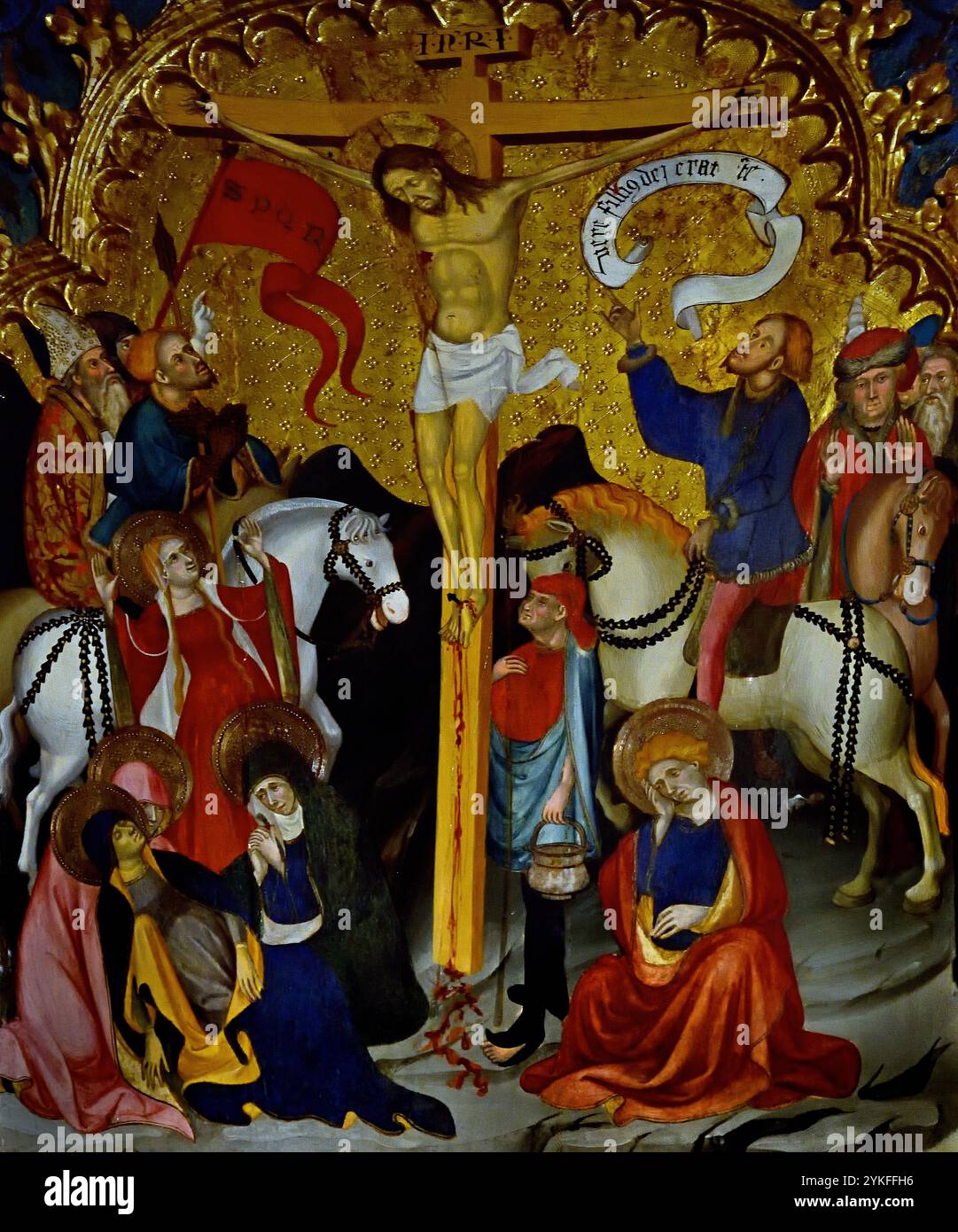 Retaule de Sant Miquel - Altar des heiligen Michael 1416 von Lluis Borrassà 1365-1425 15. Jahrhundert, Girona Fine Art Museum, Spanien, Spanisch, ( St. Michael , besiegend, Satan, Erzengel Michael stehend auf Satans Rücken, mit seinem rechten Fuß, während er einen Speer in der Hand hält, Devel, St. Michael, Erzengel, Verteidiger, der Kirche, Hauptgegner von Satan, und hilft Menschen in der Stunde des Todes, ) Stockfoto