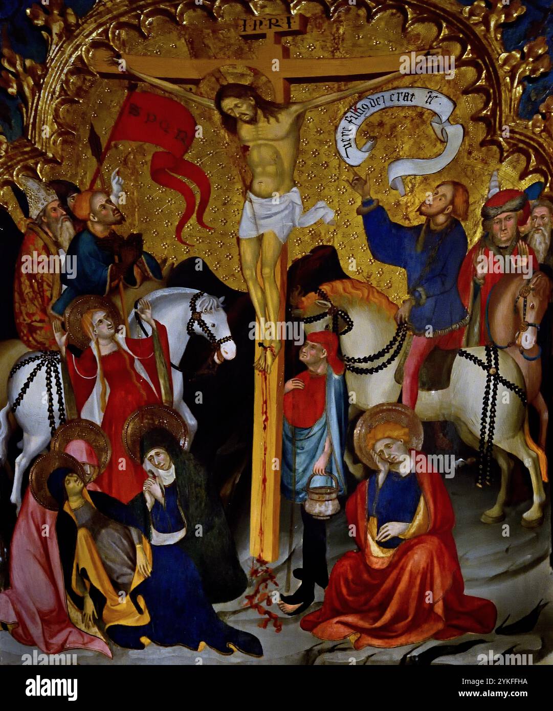 Retaule de Sant Miquel - Altar des heiligen Michael 1416 von Lluis Borrassà 1365-1425 15. Jahrhundert, Girona Fine Art Museum, Spanien, Spanisch, ( St. Michael , besiegend, Satan, Erzengel Michael stehend auf Satans Rücken, mit seinem rechten Fuß, während er einen Speer in der Hand hält, Devel, St. Michael, Erzengel, Verteidiger, der Kirche, Hauptgegner von Satan, und hilft Menschen in der Stunde des Todes, ) Stockfoto