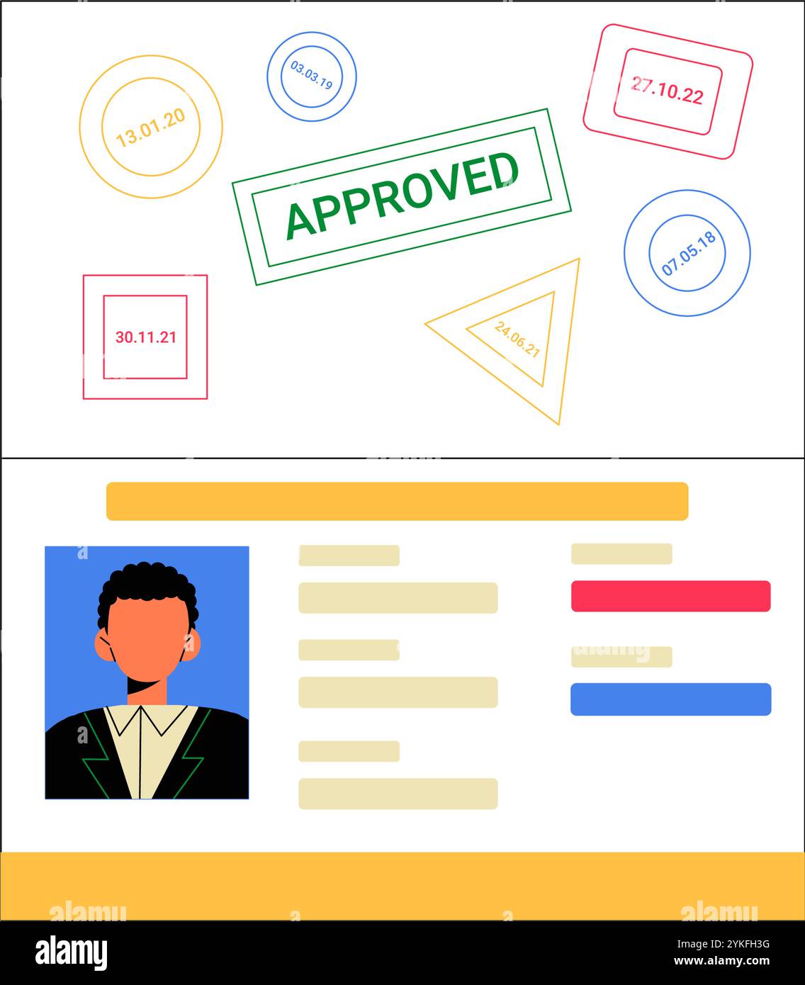 Genehmigte Reisepassseite Mit Foto Und Stempeln In Einer Flachen Vektorillustration, Die Reisegenehmigung, Einwanderung Und Identitätsüberprüfung Symbolisiert Stock Vektor