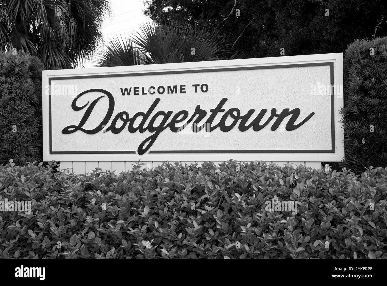 Dodgertown Willkommensschild in Vero Beach, Florida, USA, in der Nähe des Holman Stadions, dem ehemaligen Trainingslager der Los Angeles Dodgers Baseballmannschaft. Stockfoto