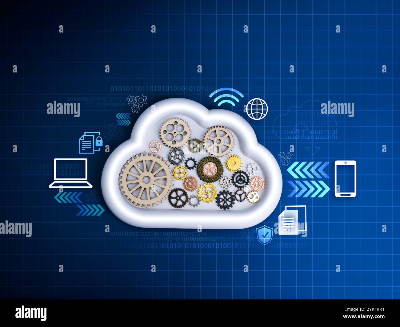 Souveräne Cloud, Konzept der Speicherverbindungstechnologie. Viele Zahnräder und Zahnräder in der White Cloud umgeben von Online-Geräteverwaltung und -Sicherheit Stockfoto