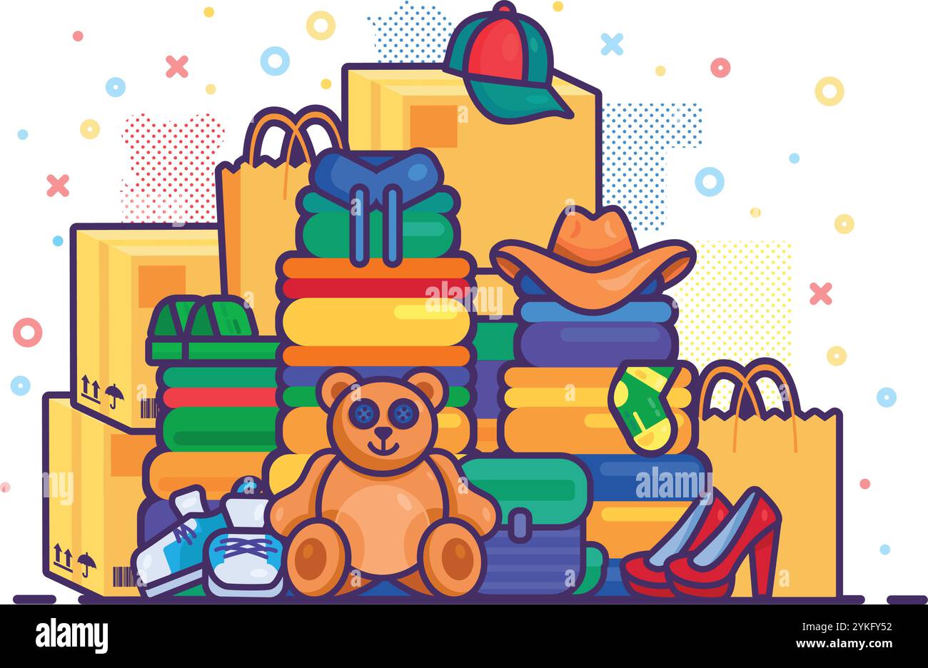 Ein Berg von Einkäufen und Geschenken, die auf einem großen Stapel gestapelt sind. Spielzeug, Kleidung und Geschenke für Souvenirs an Silvesterferien. Einfaches Zeichentrickvektorkonzept im Kindesalter Stock Vektor