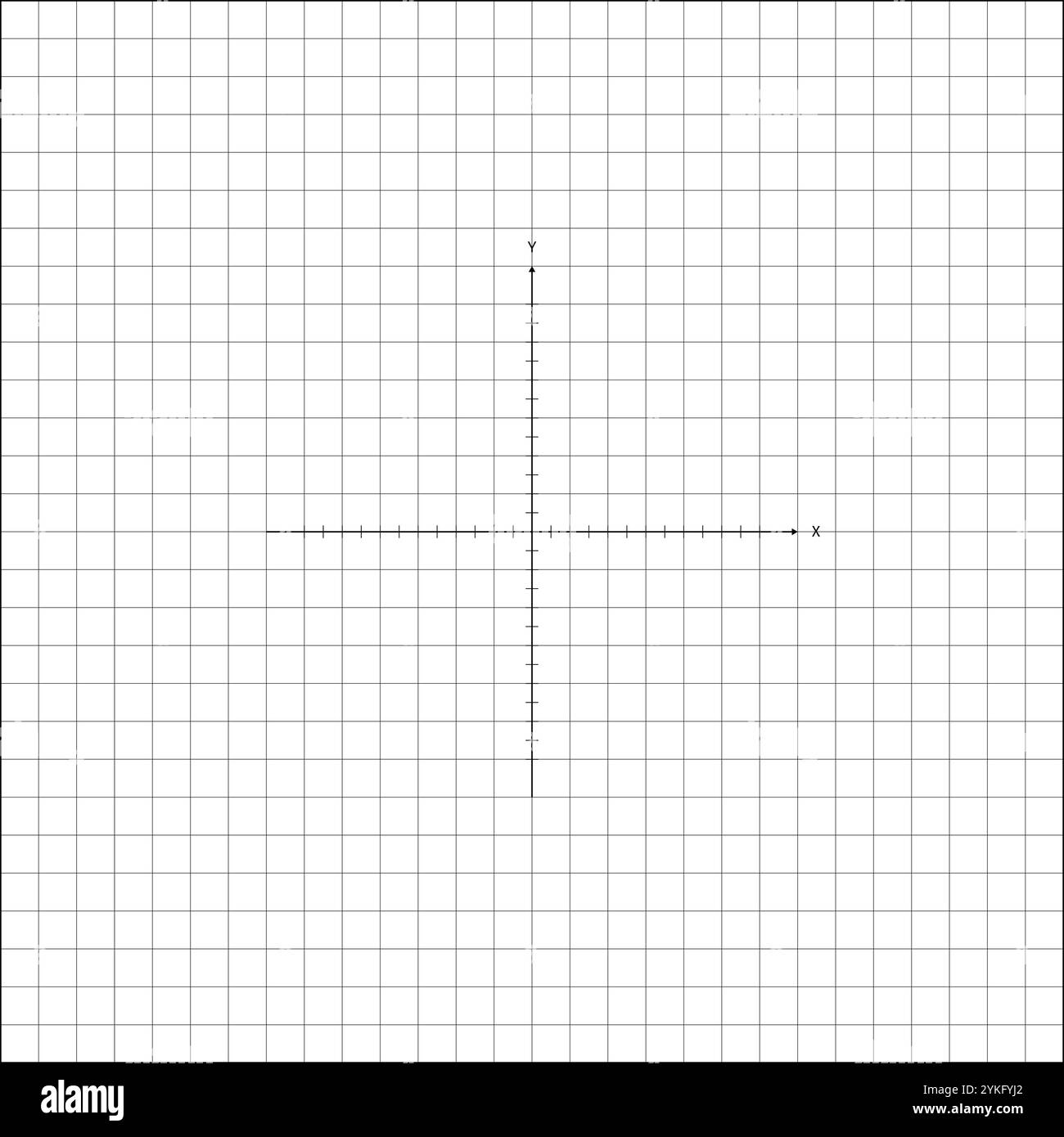 Abbildung des Schnittpunkts von X- und Y-Achsen, unterteilt in Maßeinheiten auf Notizbuchblatt aus kariertem Papier. Schulpapierbogen in einem Käfig mit Stock Vektor
