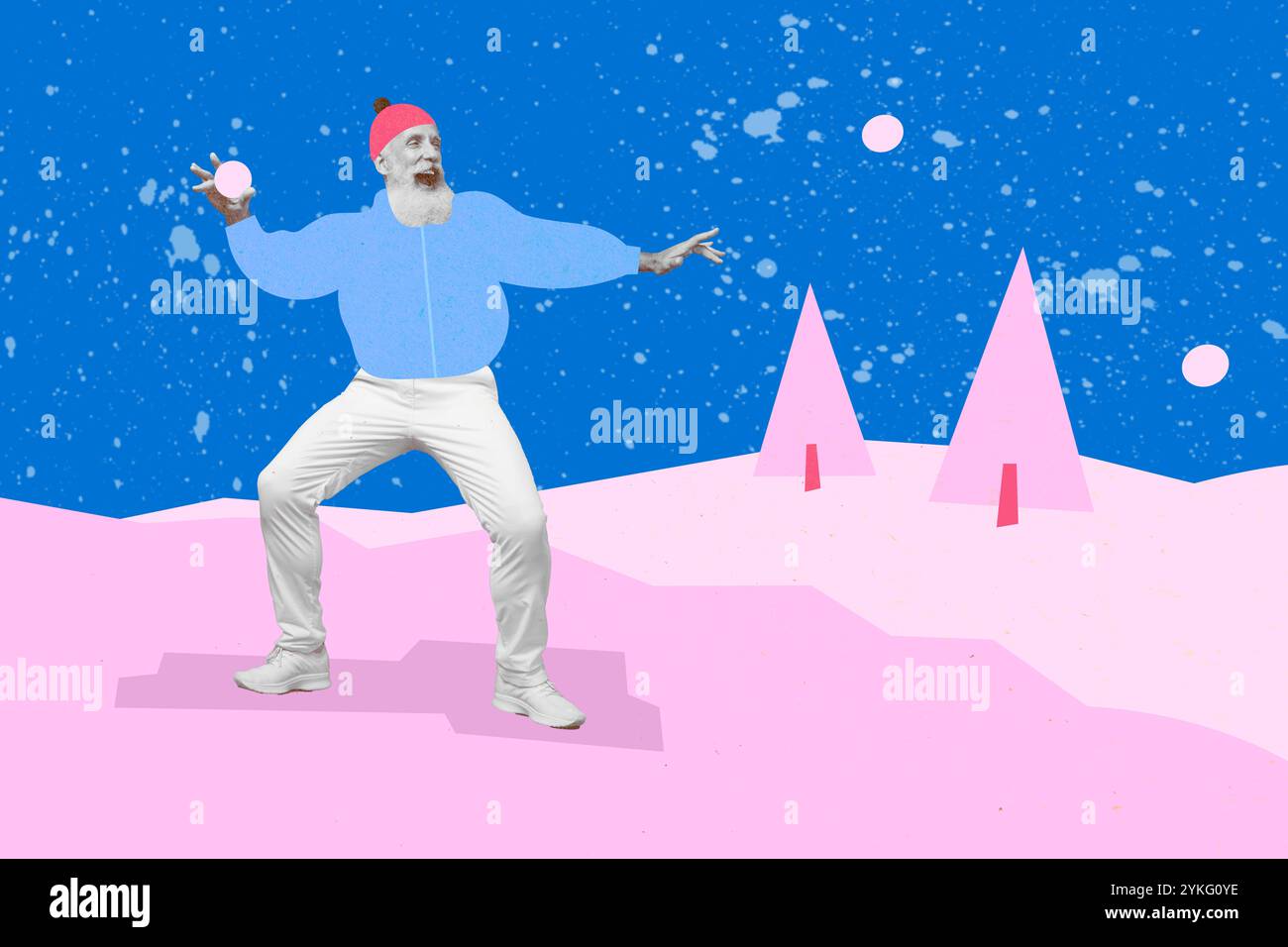 Kreative Malerei Collage Bild Bild von funky lustigen alten Mann viel Spaß im Winter draußen spielen Schneebälle Stockfoto