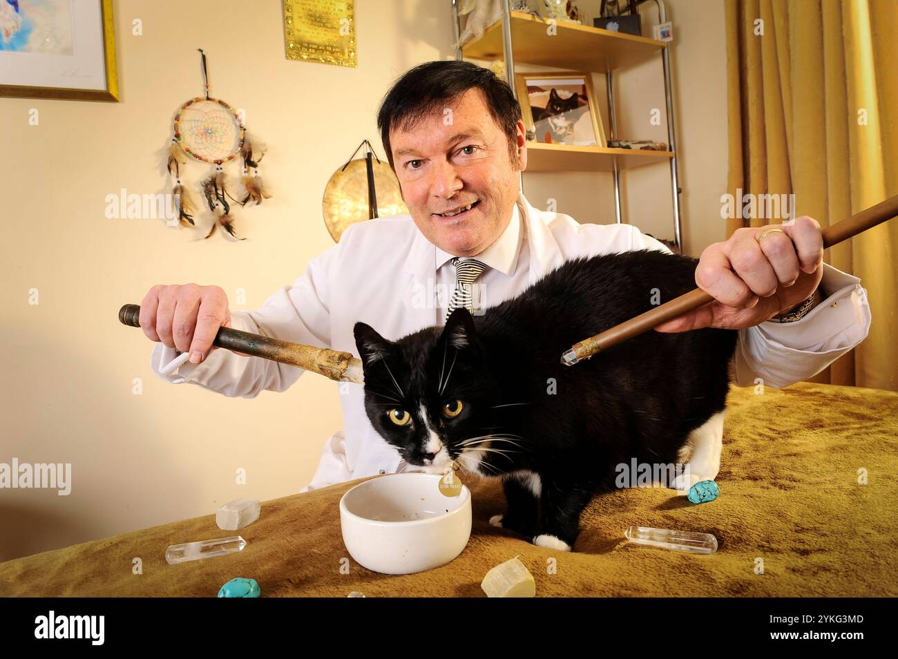 Ein Kristallheiler, der eine schwarze Katze behandelt. Stockfoto