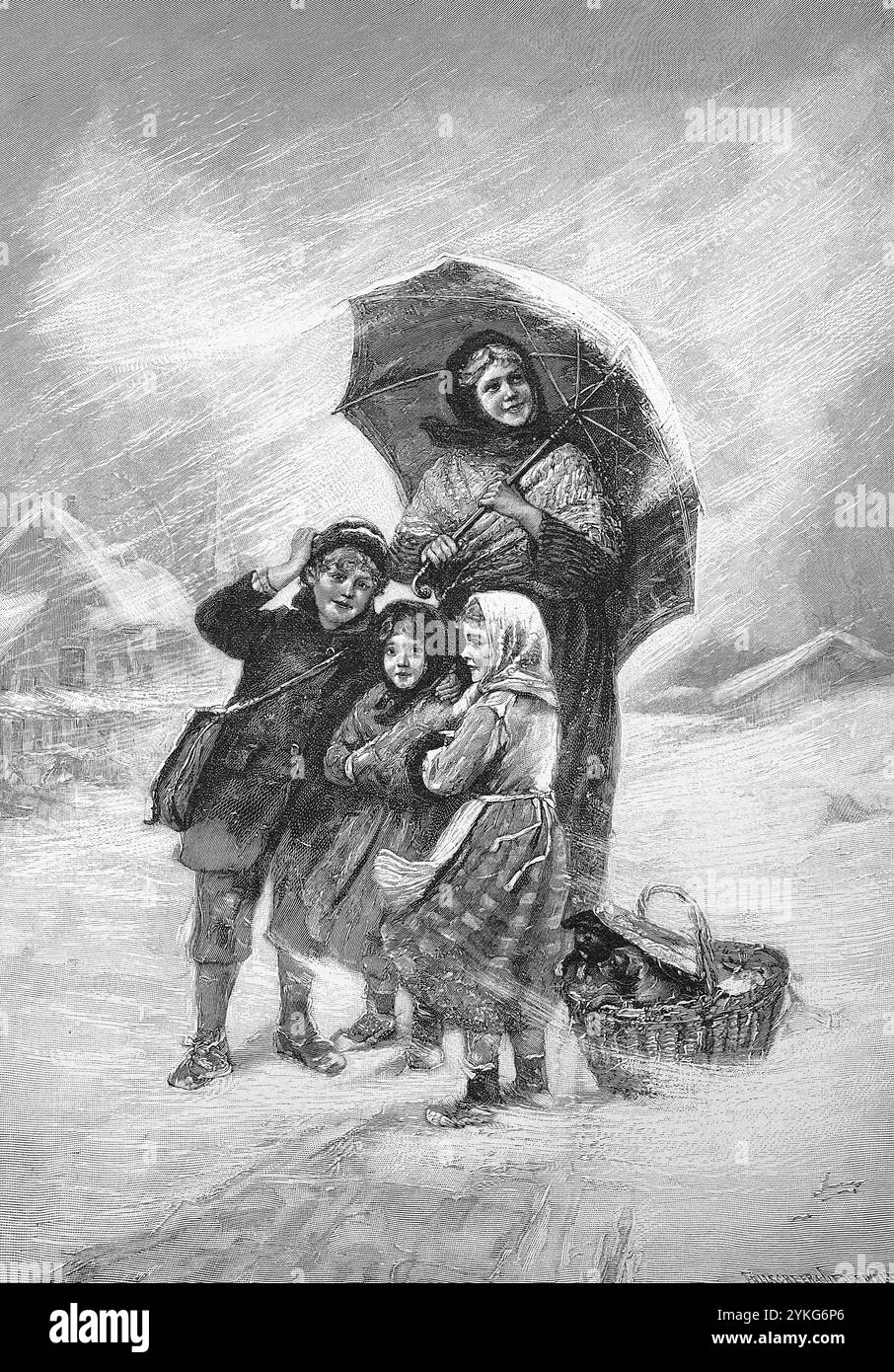 Der erste Schnee, Mutter mit drei Kindern und einem Korb mit Hundewelpen war in der Landschaft vom Schnee überrascht und versucht mit einem Schirm zu schützen, Historisch, digital restaurierte Reproduktion von einer Vorlage aus dem 19. Jahrhundert, um 1890, Rekorddatum nicht angegeben Stockfoto