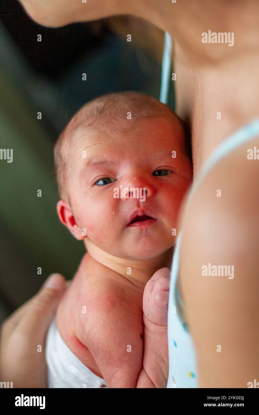 Schlafendes Baby, das nach der Pflege friedlich auf der Brust der Mutter ruht Stockfoto