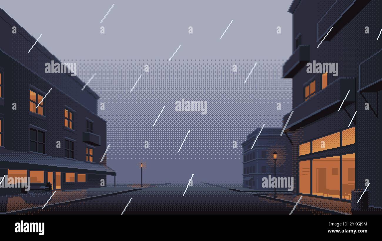 Regnerisches Wetter auf Vorstadtstraße Pixelkunsthintergrund. Vektor Nachbarschaftslandschaftsillustration mit Regen und Gebäude außen. 16-Bit Retro V Stock Vektor