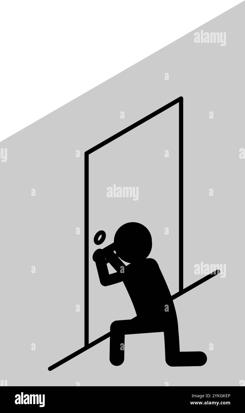 Verdächtige Person, die den Schlüssel der Vordertür im Dunkeln wählt, Kriminalprävention und Haussicherheit Schwarz-weiß-isometrisches Symbol, Vektor-Illustration Stock Vektor