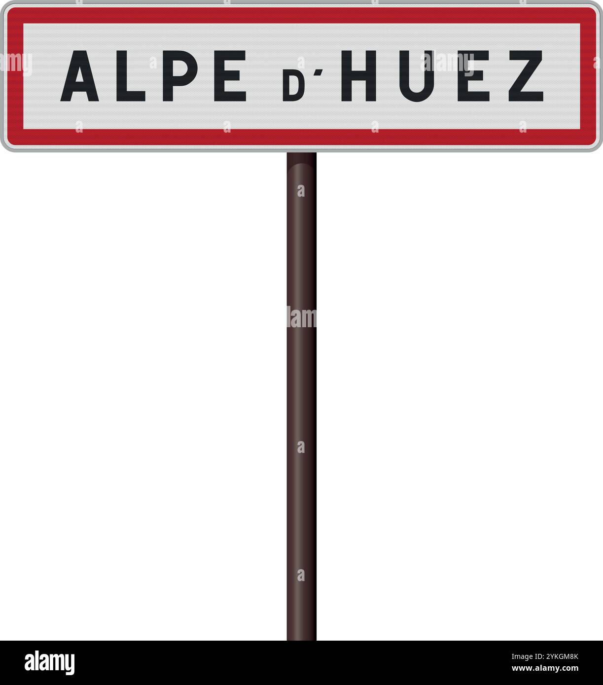 Vektor-Illustration des Alpe d'Huez Skigebiet Eingang Straßenschild auf metallischem Stab Stock Vektor