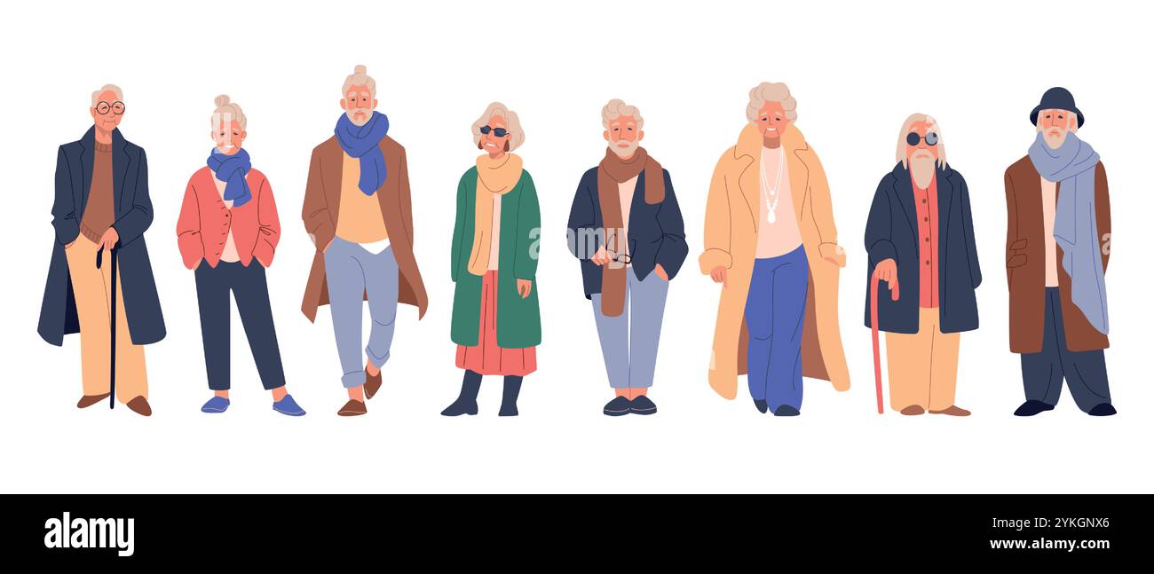 Alte Person. Senior Happy man Woman, Happy Fashion Reife Gruppe. Großmutter, lässiger Opa Freund, zeitgenössische Charaktere in moderner Kleidung stehen. Stock Vektor