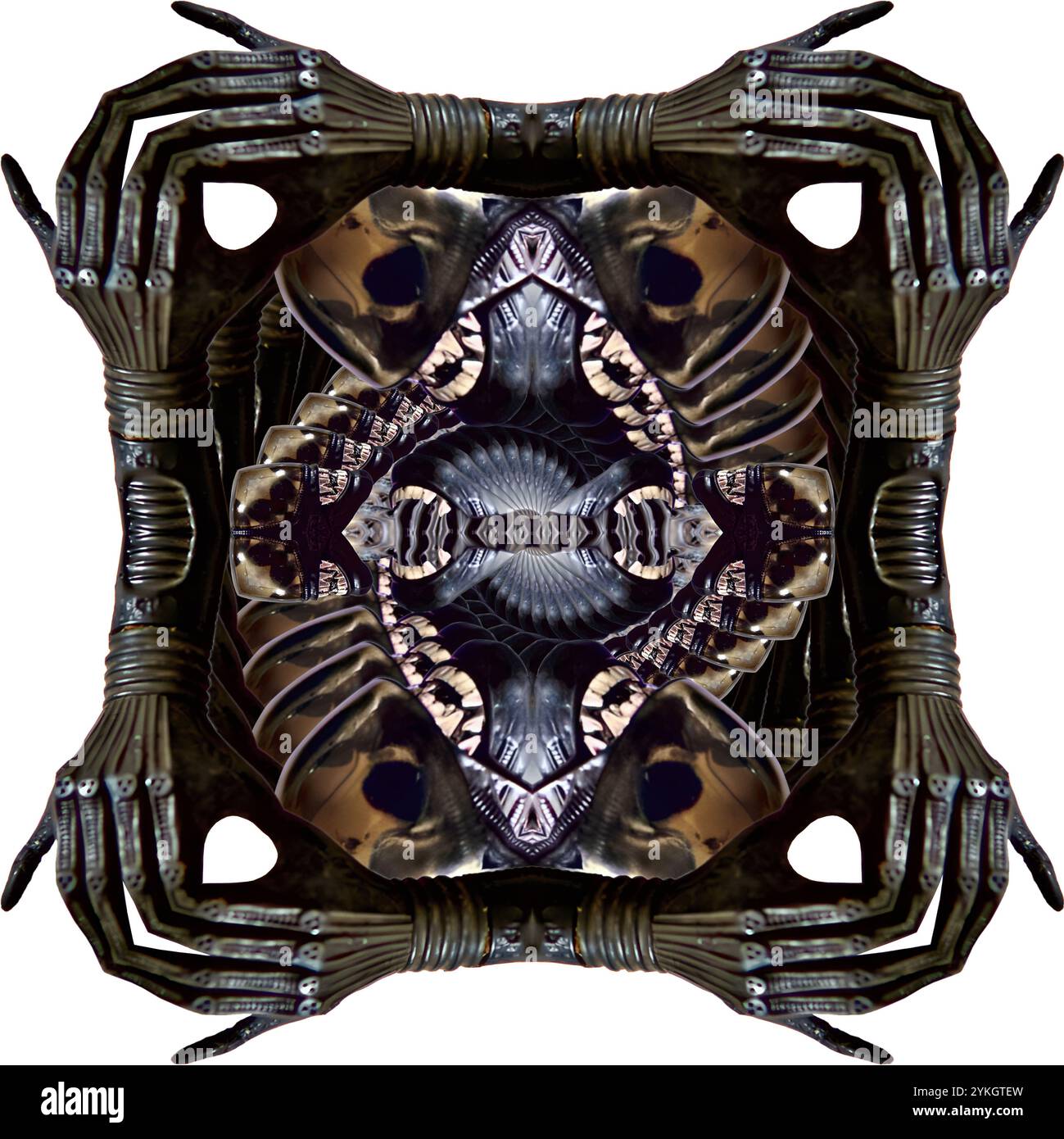 Eine digital erstellte abstrakte Darstellung Aliens Leviathans, die in einer Spiegeldimension verdreht sind. PNG-Version hat einen transparenten Hintergrund. JPEG-Version hat Stockfoto