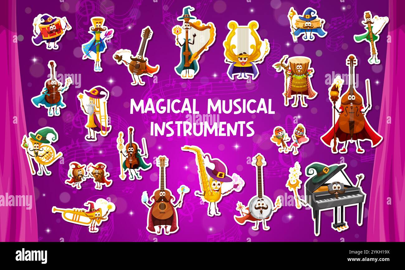 Aufkleber-Paket mit Musikinstrumenten Charaktere, Vektormagische Musiker Persönlichkeiten. Cartoon niedliche Schlagzeug-, Piano-, Gitarren- und Saxophonmagier, Geige, Trompete, Harfe und Banjo-Hexenaufkleber Stock Vektor