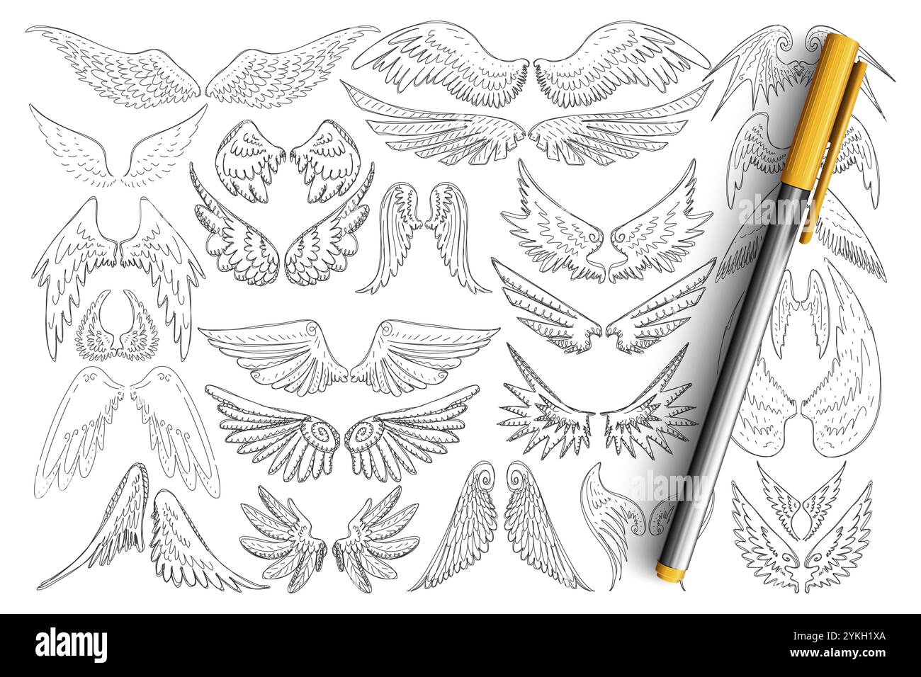 Vogelflügel Muster Doodle Set. Sammlung von handgezeichneten eleganten Flügeln von verschiedenen Vögeln im Stil von Tattoo isoliert auf transparentem Hintergrund. Illus Stockfoto