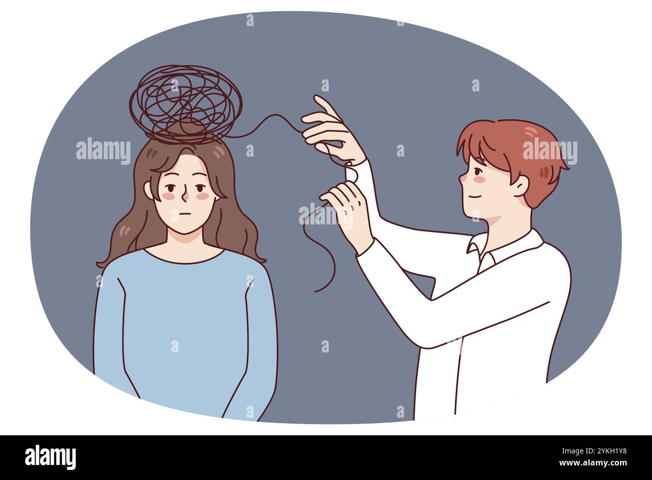 Psychologin Arbeit mit Frau Patientin entwirren verwirrt Gedanken im Kopf. Unglücklich müde Frau, die Sitzung mit Psychotherapeut. Psychotherapie. Vecto Stockfoto
