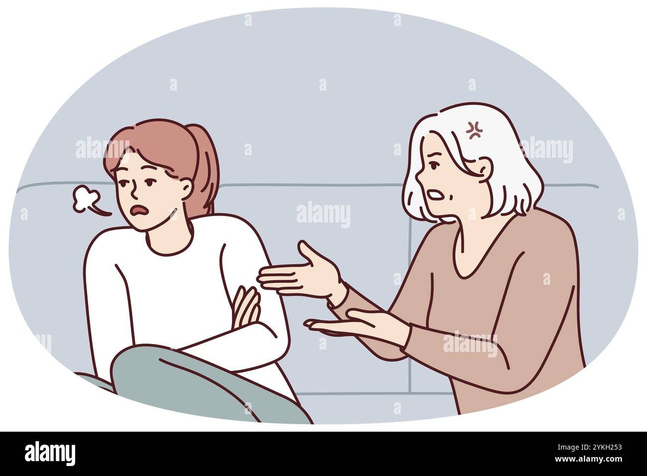 Reife Mutter schimmt zu Hause unglückliche Erwachsene Tochter. Ältere Mutter Vorlesung Stress genervtes erwachsenes Mädchen Kind. Generationslücke. Vektorabbildung Stockfoto