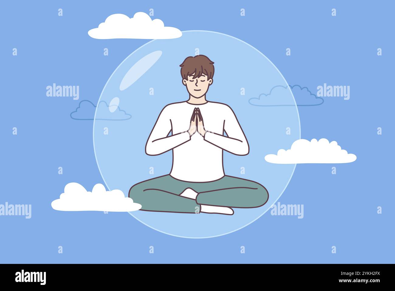 Meditierender Mann macht Yoga in Lotusposition in transparenter Blase, die im Himmel fliegt und Zen-Übungen durchführt. Der Typ wird von einem imaginären Kokon beschützt Stockfoto