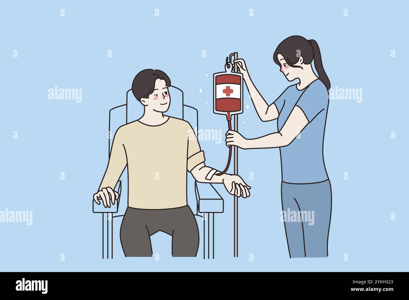 Lächelnde Frau Arzt Kontrolle gutherzig Frau Spender spenden Blut an Menschen in Not. Krankenschwester helfen Freiwillige mit Plasma-Spende im Krankenhaus oder in der Klinik. Stockfoto