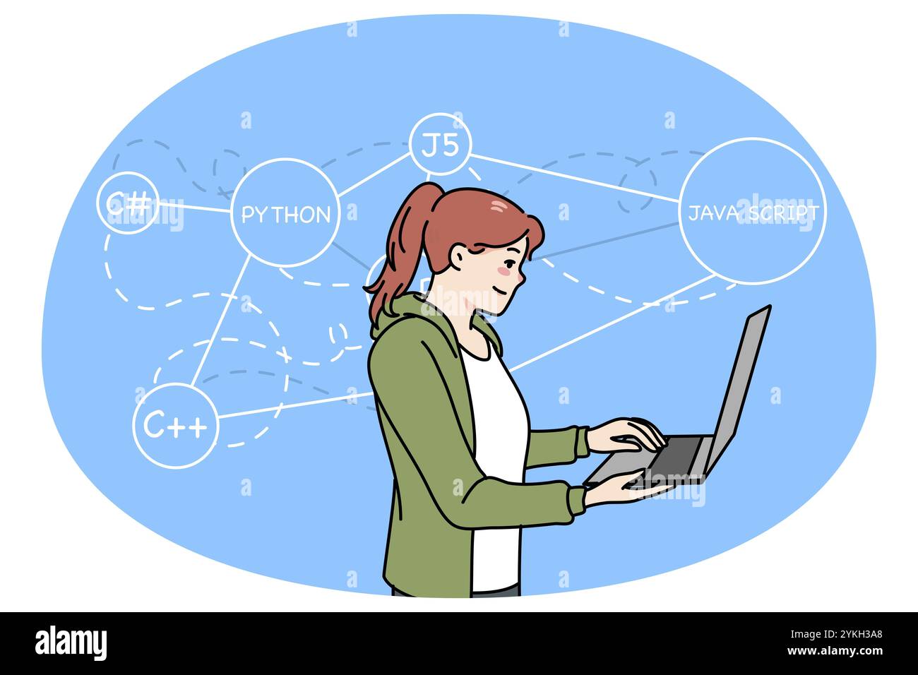 Programmiererin, die an Computercodes arbeitet. Programmiererin oder Software-Ingenieurin, die am Laptop beschäftigt ist. PHP-, Java- und Python-Sprachen. Flachvektorillu Stockfoto